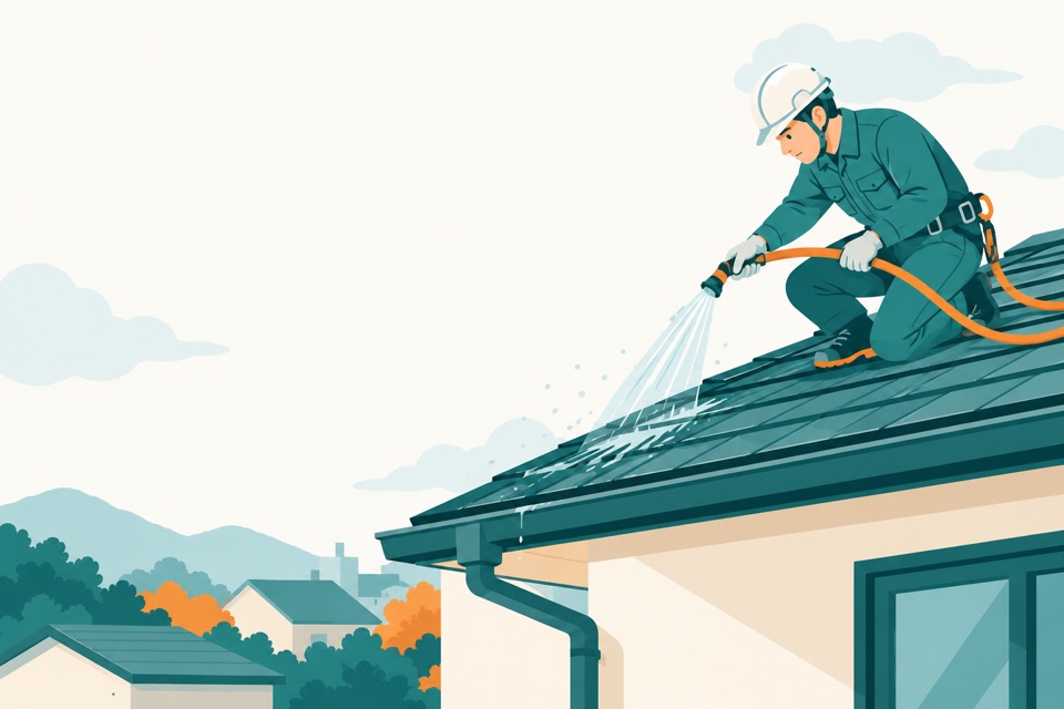 屋根に水をかけて雨漏りの原因を調べる職人のイラスト