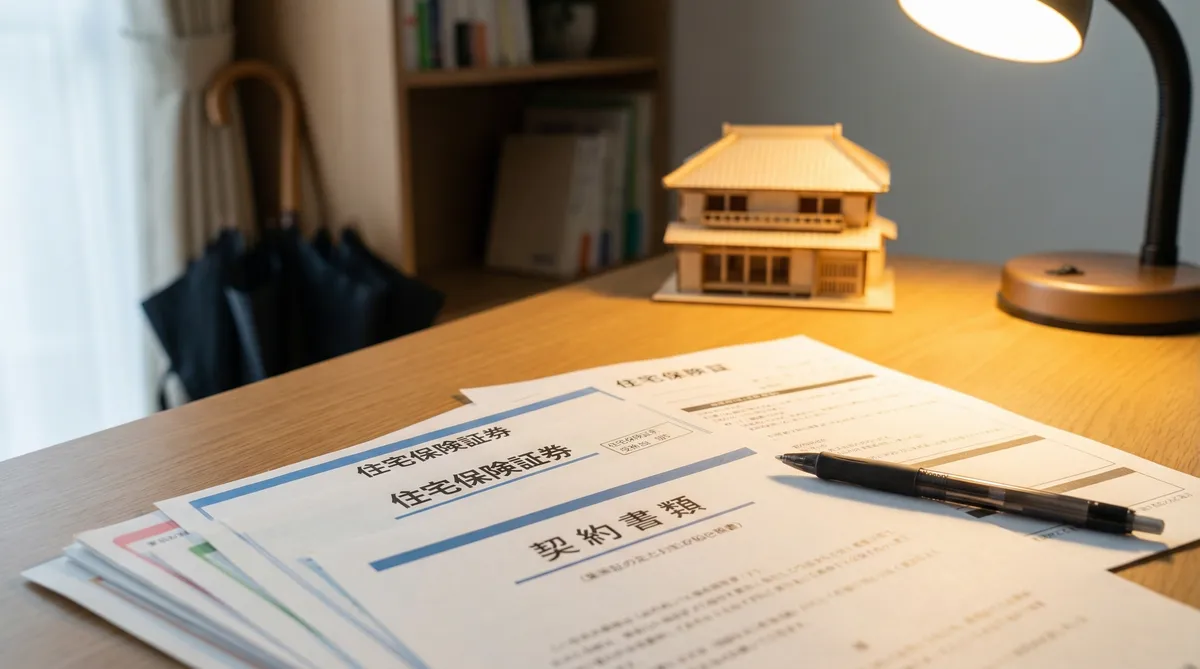 火災保険の書類と住宅の模型