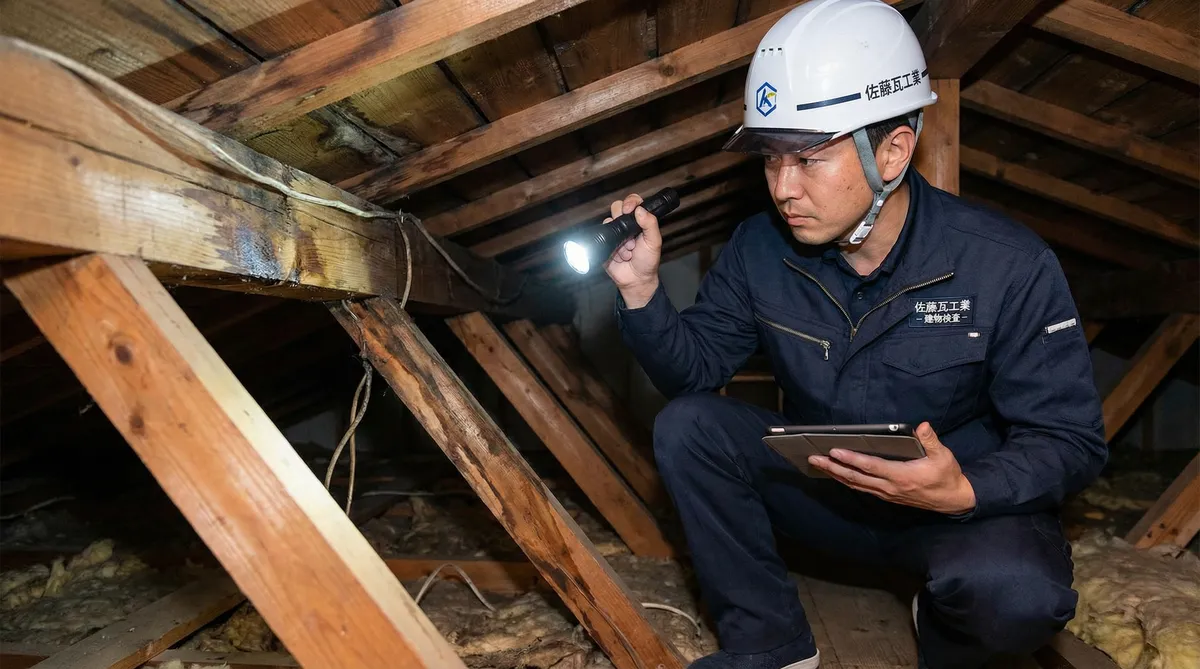 屋根に上って雨漏りの原因箇所を調査する職人